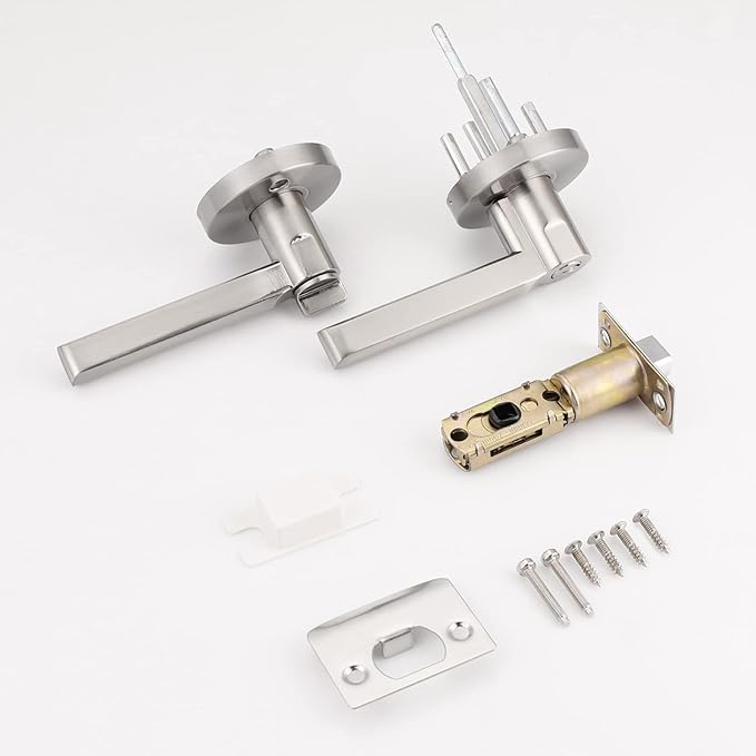 Probrico Satin Nickel Bed/Bath Door Levers, Flat Reversible Handles Interior Privacy Door Lock (6 Pack)
