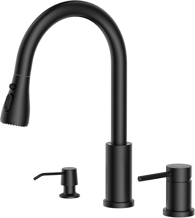 APPASO 3 Hole Kitchen Faucet, Matte Black Kitchen Faucet with Soap Dispenser and Pull Down Sprayer 3 Modes, Stainless Steel High Arch Kitchen Sink Faucet with Separate Handle 3 Pieces