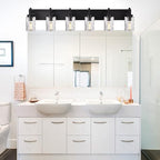 BONLICHT Transitional Bath Vanity Light Fixture 6 Light Black Wall Sconce Bathroom Lighting with Clear Hammered Glass, Industrial Farmhouse Metal Wall Mount Light for Kitchen Living Room Dining Room