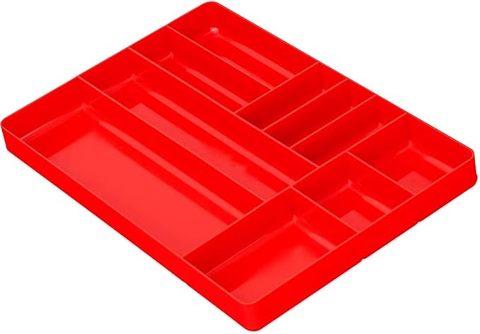 MLTOOLS Tool Drawer Organizer Tray - 10-Compartment Home & Garage Tool Tray - Stackable Workbench Toolbox Organization Holder for Small Parts, Batteries, Supplies - Made in The USA - OT10R Red