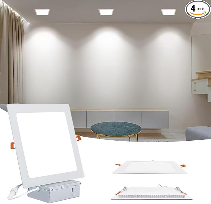 Square 8 Inch LED Recessed Light,18W 6000k Daylight,No Dimmable,4Pack Ultra Thin LED Recessed Lighting with J-Box. 8" Recessed Ceiling Wafer Canless Fixtures .Slim Can-Killer Lights,CRl90+