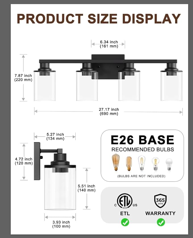 DORESshop Bathroom Light Fixtures, 4-Light Black Bathroom Lighting Fixtures Over Mirror with Clear Glass Shade, Vanity Lights for Bathroom Hallway Living Room Bedroom