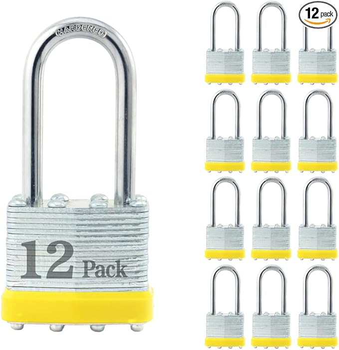ZonRo Locks Laminated Steel Keyed Padlocks,Keyed Alike Locks, 1-9/16 inch Wide,Long Shackle Padlocks, Pack of 12，Yellow Hoop, for Hasp Latch, Sheds, Fences, Storage Locker, School, Gym