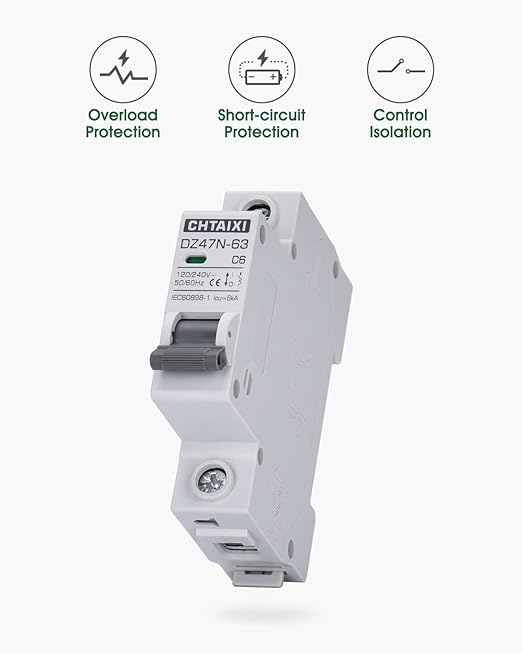 AC Miniature Circuit Breaker, 6 Amp 120V/240V 1 Pole DIN Rail Mount Circuit Breaker, Thermal Magnetic Trip, Solar AC Disconnect Switch MCB C6