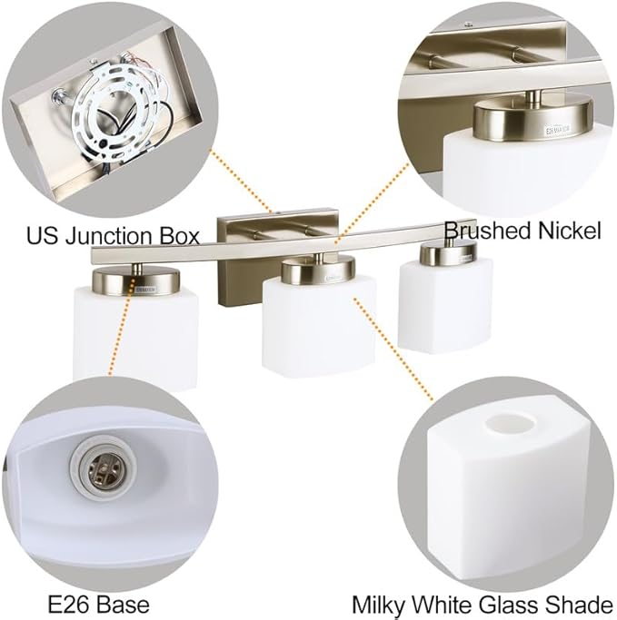 3 Light Bathroom Vanity Light Over Mirror, Modern Brushed Nickel Vanity Lights with Milky Glass Shade, 23 inches Vanity Lighting Fixtures for Bathroom Lighting