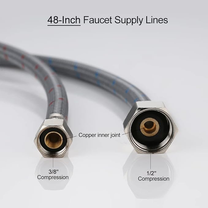 48" Length Faucet Supply Line, WOWOW Bathroom Kitchen Faucet Lines Braided Nylon Sink Hose with 3/8-Inch Female Compression Thread x 1/2" Comp 2Pcs (1 Pair)