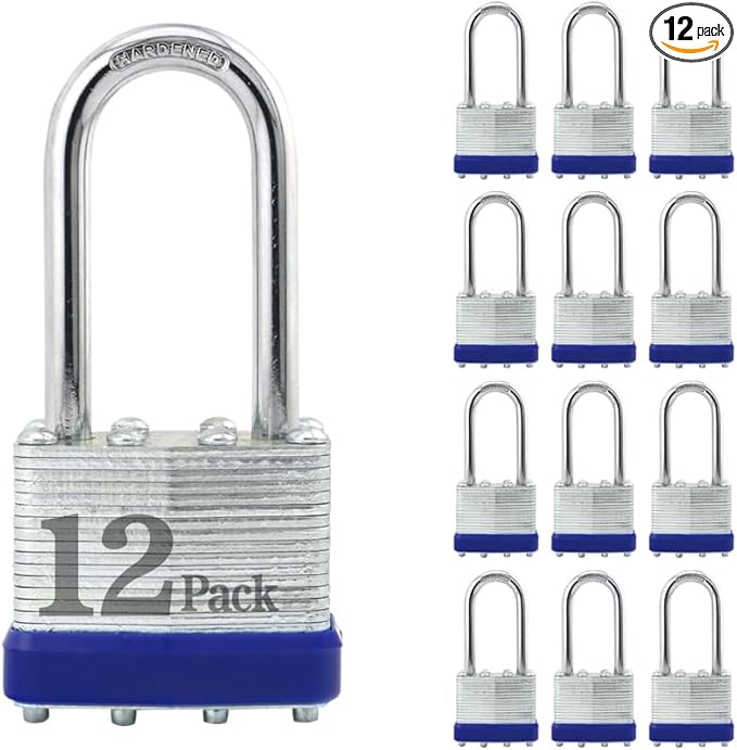 ZonRo Locks Laminated Steel Keyed Padlock, Keyed Alike Locks,1-9/16"(40mm) Wide Body,Long Shackle Padlock, Blue Plastic Hoop, Pack of 12 …