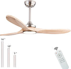 42" Wood Ceiling Fans with Lights and Remote Control,Indoor Outdoor 3 Blades Wooden Ceiling Fan for Garage,Patio,Living Rooms,Bedrooms,Offices,Farmhouse(Nickel+Raw wood)