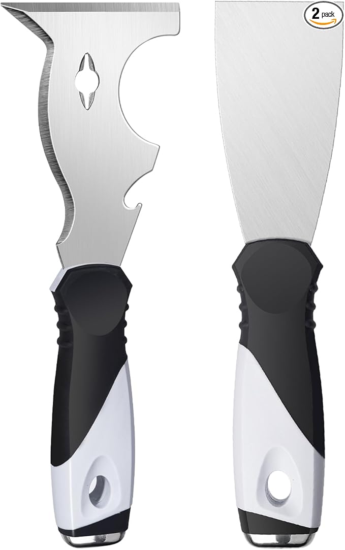 Mister Rui 2 Pack Putty Knife Set, 10 in 1 Paint Scraper Tool with 2 Inch Stainless Steel Painters Tool, Paint Scraper for Painting & Wood, Metal Scraper