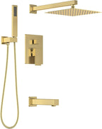 Lava Odoro Modern 3-Setting Square Shower and Tub Faucet Set with Shower Head and Handheld Sprayer Gold, Rainfall Shower System with Tub Spout, Shower Valve Trim Kit, Brushed Gold, SF103-SG-T
