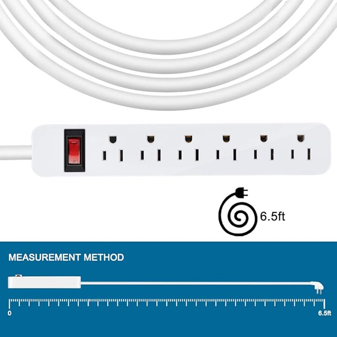 EXTRASTAR 6 Outlets Power Strip, 6 Ft Extension Cord 1875W,15A Build-in Circuit Breaker, Mountable, Thin Flat Plug, Desktop Charging Station for Home School Office, White
