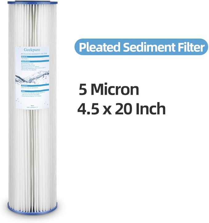 Geekpure Whole House Pleated PP Polypropylene Sediment Filter -4.5" x 20"-5 Micron (Pack 4)