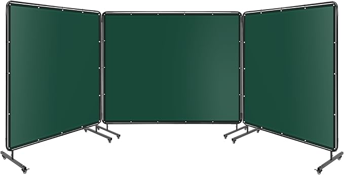 3-Panel 8x6ft Flame-Resistant Welding Screen with Lockable Wheels - Transparent PVC Welding Curtain & Steel Frame, Green Safety Partition for Workshops/Garages