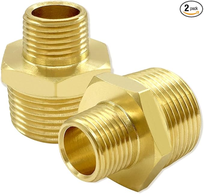 Hooshing 2PCS 1/4" NPT Male to 3/4" NPT Male Brass Pipe Fittings Reducing Hex Nipples Adapter for Plumbing