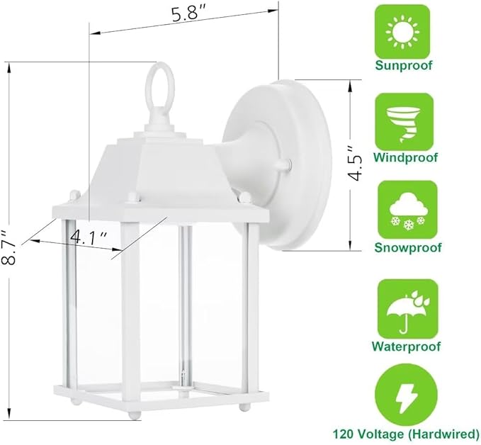 LIT-PaTH Outdoor LED Wall Lantern, Wall Sconce as Porch Light, 9.5W 800 Lumen, Aluminum Housing Plus Glass, 3000k-Matte White Finish, 2-Pack