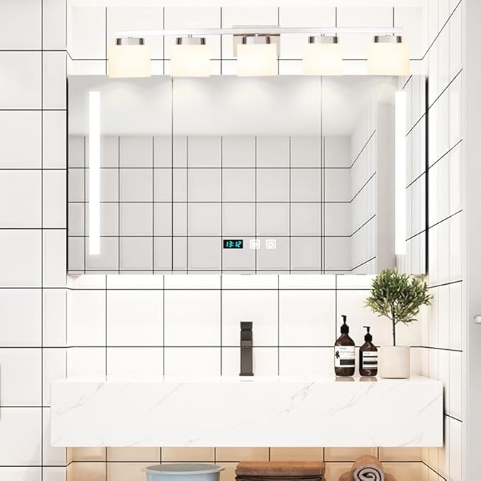 5-Light Modern Chrome Vanity Light Fixture with White Glass Shade for Bathroom Over Mirror, 40 Inches