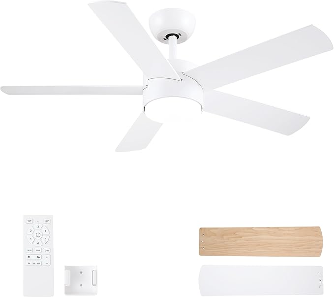 42 inch White Ceiling Fans with Lights and Remote, LED Dimmable 3 CCT Temperatures 6-Speed, Noiseless Modern Ceiling Fan for Bedroom, Living Room, Dining Room, ETL Listed