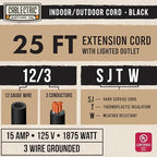 25 Ft Black Oil Resistant Extension Cord for Farms & Ranches - 12/3 SJTOW Heavy Duty 12 Gauge Outdoor Cable with 3 Prong Grounded Plug, 15 AMP
