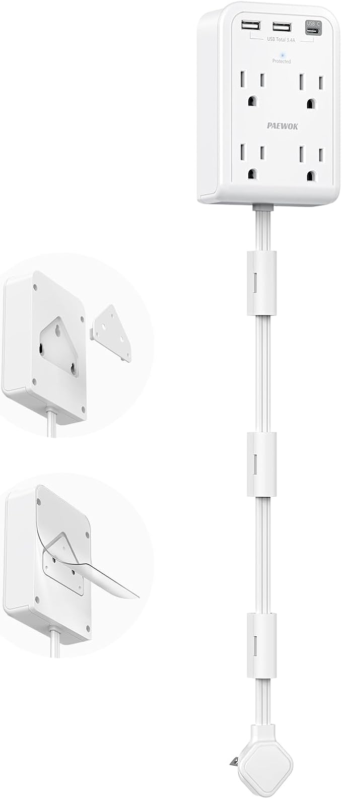 Short Power Strip 2FT - Flat Wall Extension Cord with 4AC Outlet and 3 USB Ports(1 Type C), Multi Plug Outlet Extender Small Surge Protector for Home Office Dorm, White