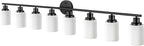 8-Light Vanity Lights, Black Bathroom Light Fixture with Striped Textured Milky White Glass Shade, Modern Vanity Lighting Fixture for Bathroom Wall Light Over Mirror, E26 Wall Sconce