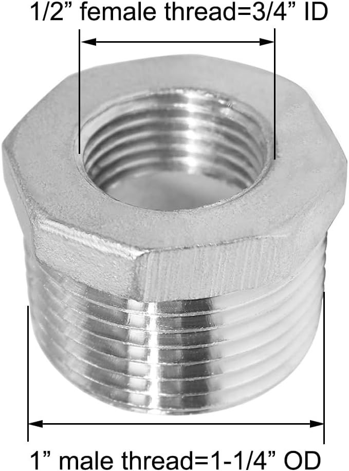 Joywayus Stainless Steel Hex Head Bushing Reducer Pipe Fitting 1 NPT Male × 1/2 NPT Female (Pack of 2)