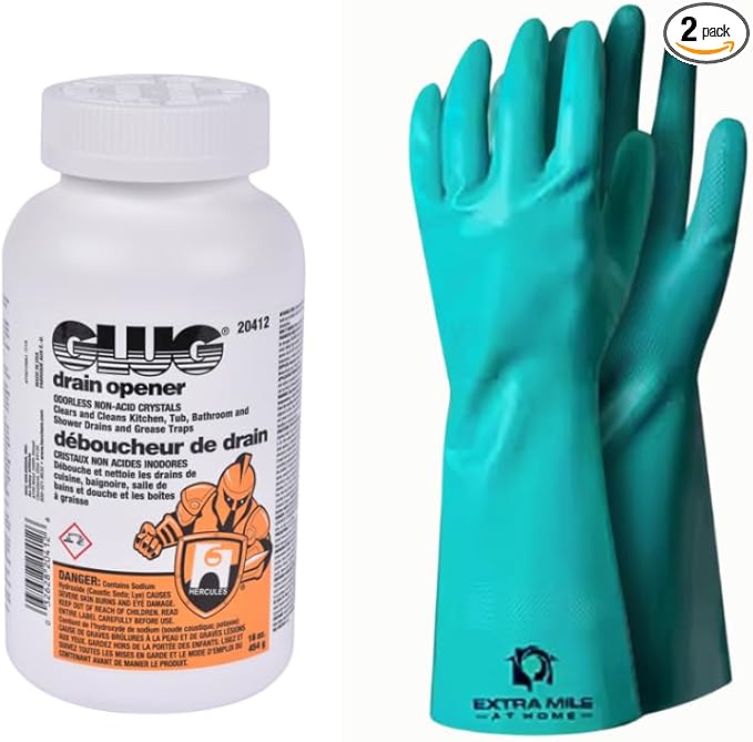 Glug Drain Opener Bundle with Glug Crystals Cleaner and Long Protective Gloves - 2 Items - Sink & Shower Drain Clog Remover, Compatible with Most Home Plumbing, Easy DIY Use