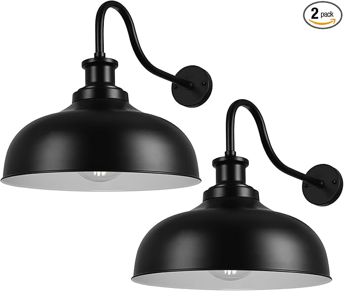 Outdoor Gooseneck Barn Light,16 Inch Dome Wall Sconce Farmhouse Exterior Mount Light Vintage Lighting Fixture Industrial Lantern, Entryway, Garage, 2 Pack, Black+White, (RZ007L-2 BK+WH)