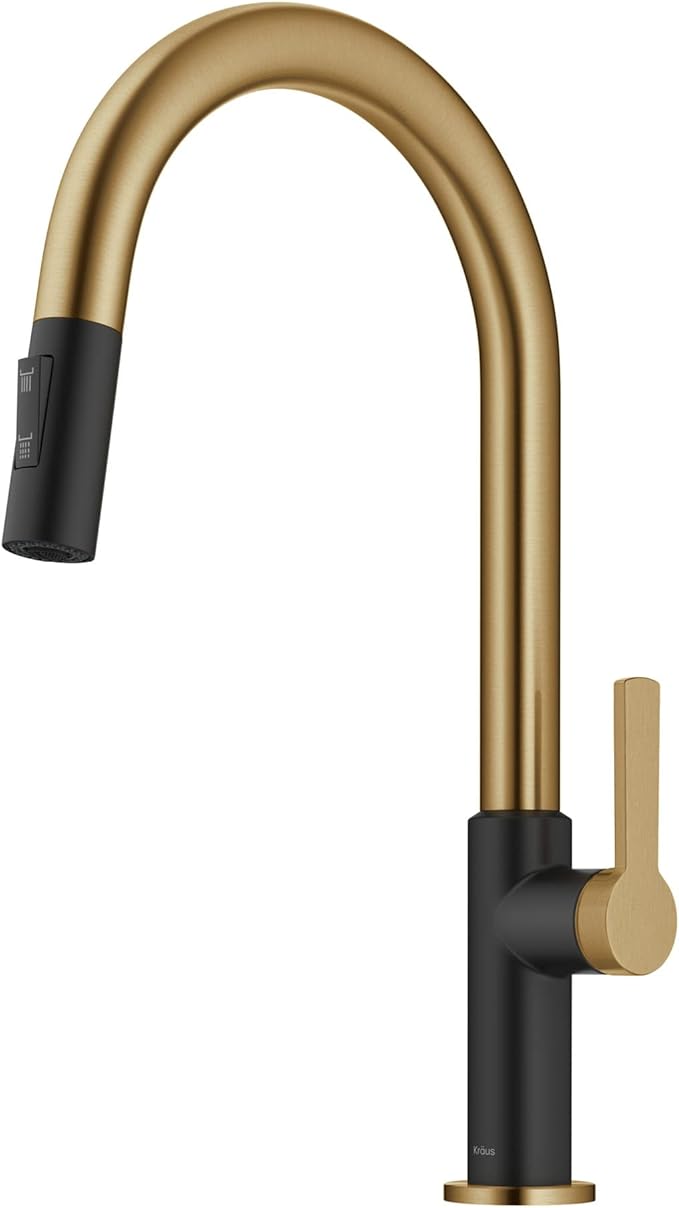 KRAUS Oletto High-Arc Single Handle Pull-Down Kitchen Sink Faucets in Brushed Brass/Matte Black, Kitchen Faucets with Pull Down Sprayer, KPF-2820BBMB