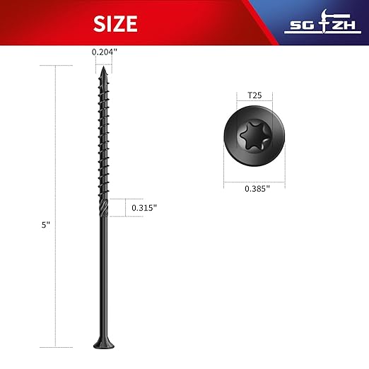 #10 x 5 Inch Deck Screws (36Pcs) 1lb. Carbon Steel, Black, Flat Head, Rust Resistant epoxy Coated, with T25 Star Bit