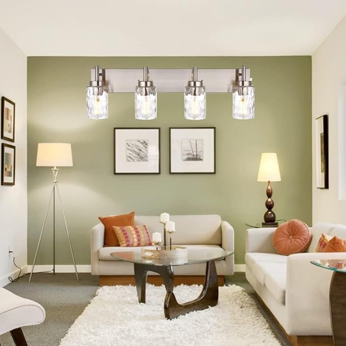 BONLICHT Bathroom Vanity Light Fixtures Brushed Nickel 4-Light with Clear Water Glass Shade Contemporary Wall Sconces Farmhouse Bathroom Lighting Wall Mount Lamp for Living Room Bedroom Bar Office