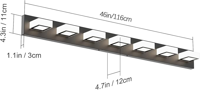 Ralbay 46" LED Matte Black Vanity Lights 7 Lights Acrylic Metal Black Modern Vanity Lights Black Bathroom Lighting Fixtures Over Long Mirror (Natural White Light 4500K)
