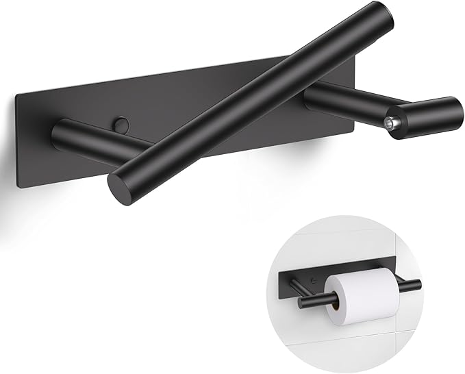Matte Black Toilet Paper Holder, Adhesive or Screw Toilet Roll Holder Wall Mount, SUS304 Stainless Steel Double Post Pivoting Toilet Roll Holder for Bathroom, Kitchen, Washroom