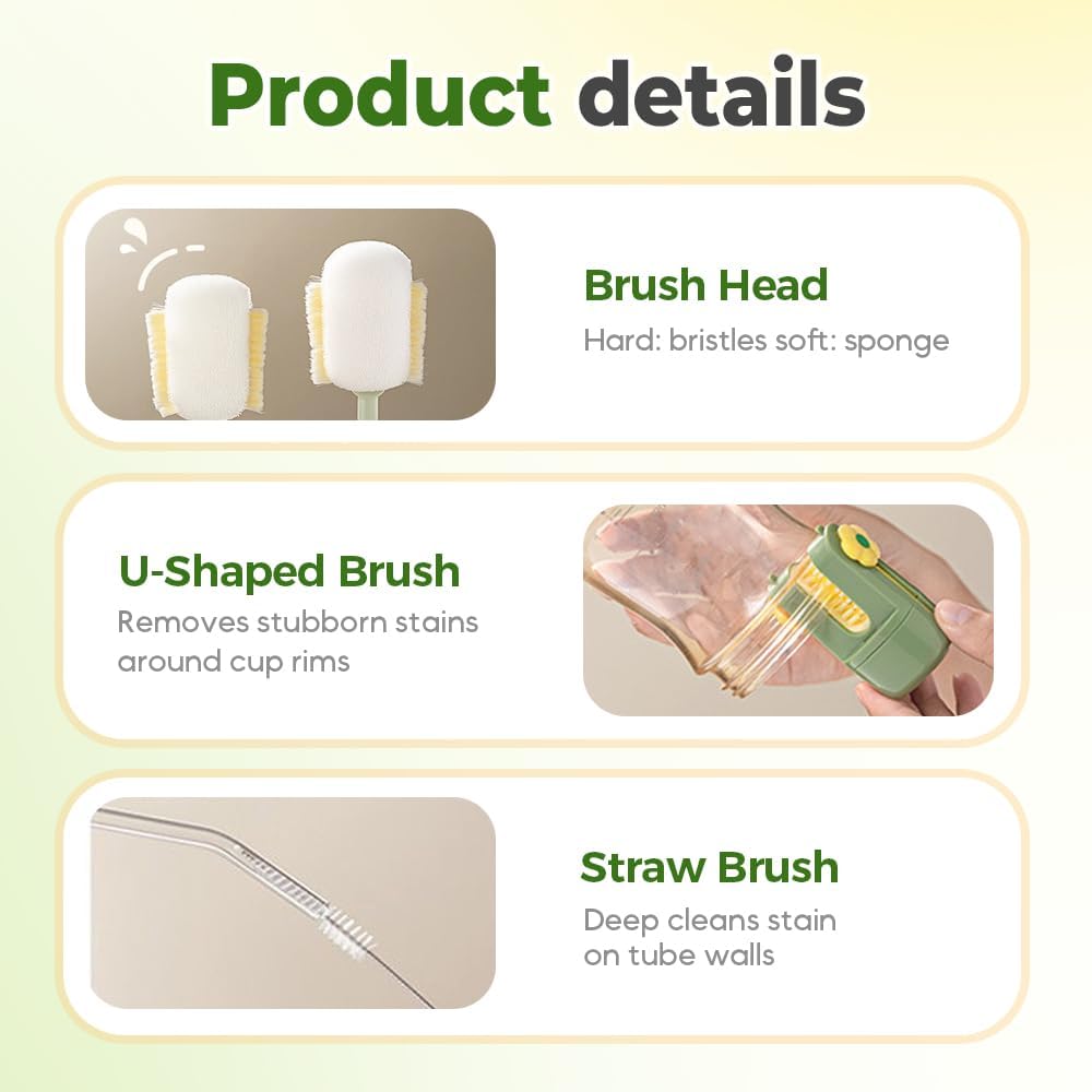 5 in 1 Bottle Cleaning Brush, 2025 New Travel Bottle Cleaner Kit, Long Handle Brush, Bottles Cleaner Brushes Set for Baby Bottles, Mugs, and Wine Glasses (2Green)