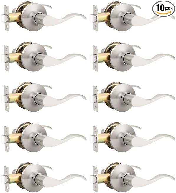 Mengico 10 Pack Satin Nickel Modern Interior Passage Door Knobs, Keyless Door Handle for Hallway & Closet, Wave Style Non-Locking Door Lever Reversible for Left & Right Handed