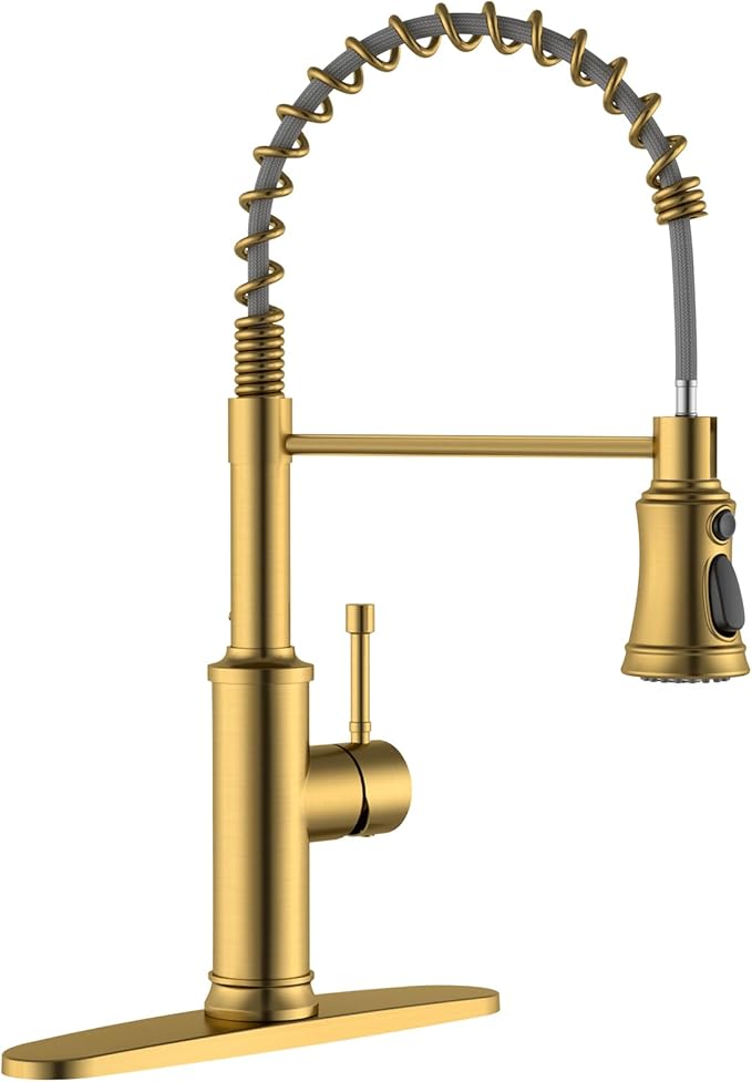 DAYONE Antique Brushed Gold Kitchen Sink Faucet with Pull Down Sprayer, 3 Modes Stainless Steel Spring Vintage Sink Faucet for Farmhouse Kitchen Bar Camper 1 or 3 Holes Single Handle