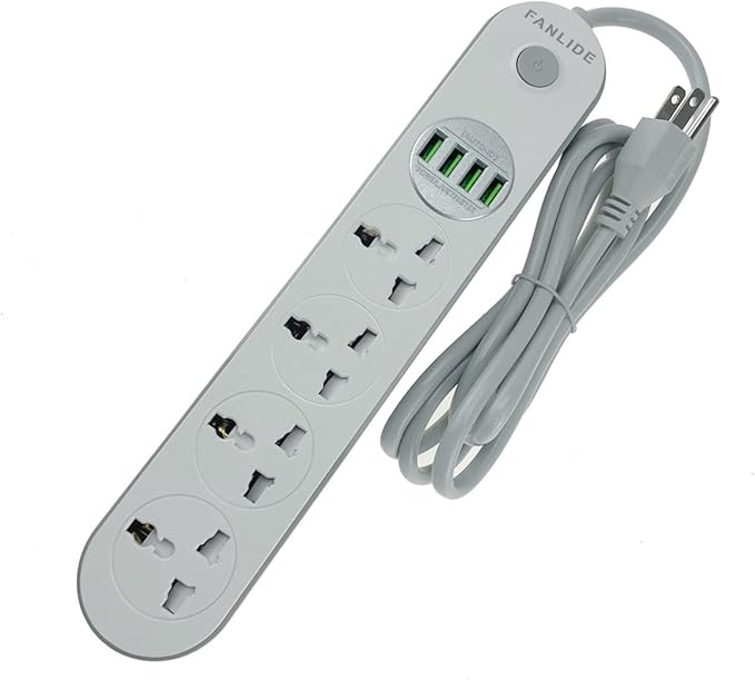 Universal Power Strip with USB Ports, 4 Outlets 4 Smart USB (5V 3.4A 17W), 6.5ft Power Cord, 2500W Circuit Breaker, Child Safe Door, for Cruise Ship,Dorm Room Multi Plug Extender