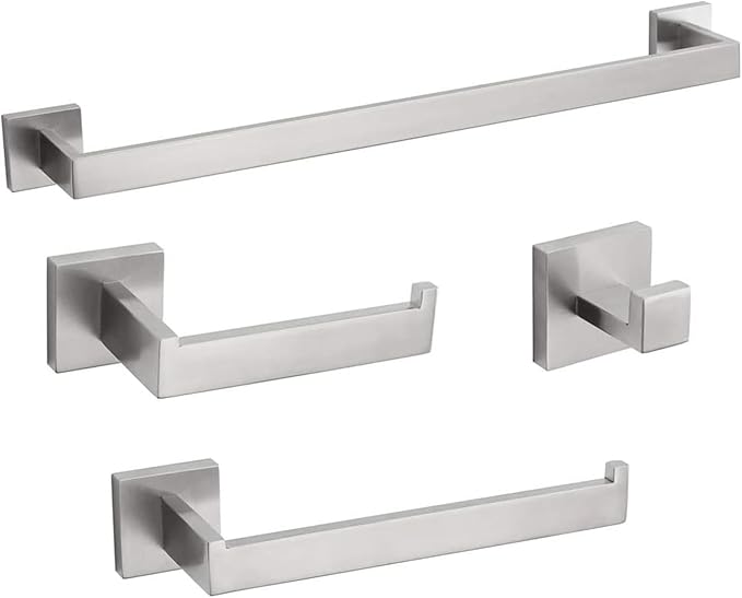 4-Piece Bathroom Hardware Set, Towel Rack Towel Bar Towel Holder Toilet Paper Holder Brushed Nickel Towel Hooks Modern Square Stainless Steel Wall Mounted Bathroom Accessories Set, 23inch