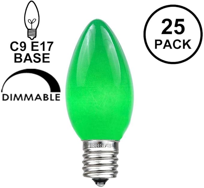 Novelty Lights 25 Pack C9 Ceramic Outdoor Christmas Replacement Bulbs, Green, E17/C9 Intermediate Base, 7 Watt