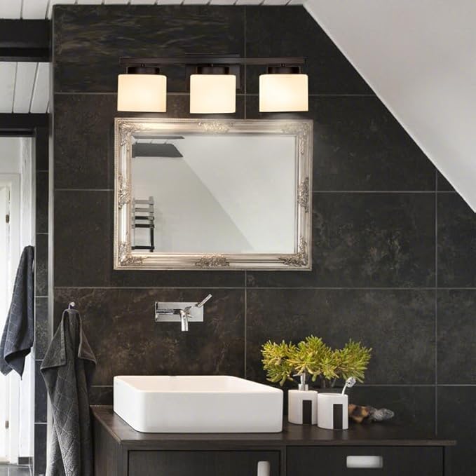 3-Light Bathroom Vanity Light Fixture Over Mirror, Modern Matte Black Vanity Lights with Milky Glass Shade, 23 inches Vanity Lighting Fixtures for Bathroom Lighting