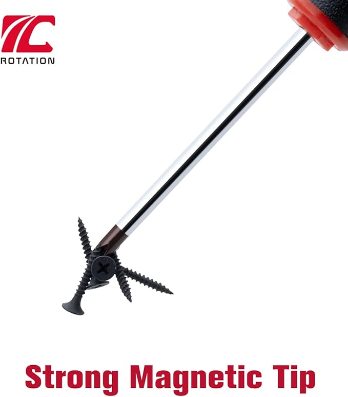 ROTATION 8-Piece Magnetic Screwdrivers Set with red tip, 4 Phillips and 4 Slotted Tips, Professional Cushion Grip Screwdriver Set with High Torque