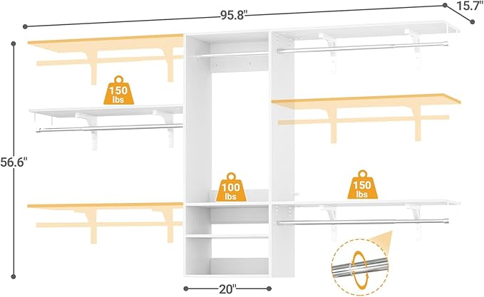 Cyclysio 96 Inch Closet Organizers and Storage, 8 FT Hanging Closet Organizer with 4 Adjustable Rods, Wardrobe Organizers with 3 Shelving Towers for 4-8FT Spaces(Cut-to-Fit), White