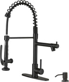 Fapully Commercial Pull Down Kitchen Sink Faucet with Sprayer Matte Black Single Handle Faucets for Kitchen Sink, Kitchen Faucet with Soap Dispenser and Deck Plack for 4 Hole