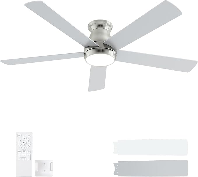 60 Inch Brushed Nickel Ceiling Fans with Lights and Remote, LED Low Profile Flush Mount Ceiling Fan for Bedroom, Living Room, Quiet DC Motor, Dimmable 6 Speeds