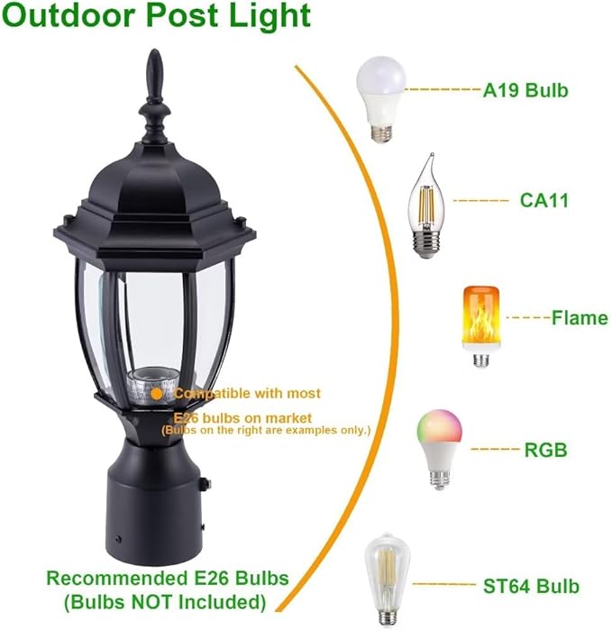 LIT-PaTH Dusk to Dawn Outdoor Post Lighting Fixture Pole Lantern, E26 Medium Base Max 60W, Aluminum Housing Plus Glass, Bulb Not Included (Black, 2-Pack)
