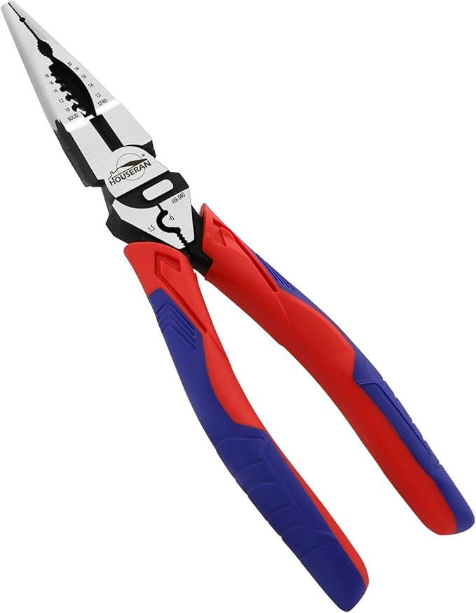 Needle Nose Pliers, Long Needle Nose Pliers with Wire Stripper and Crimper, 8.4 Inch Long Lose Pliers, 5-in-1 Needle Nose for Bending, Crimping, and Stripping