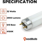 GoodBulb 48-Inch T8 Fluorescent Light Bulbs 32-Watt, 4100K Cool White Color, 2900-Lumens with G13 Medium Bi-Pin Base (Pack of 25 Bulbs)