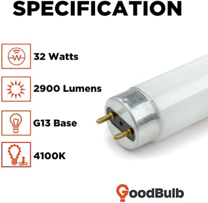 GoodBulb 48-Inch T8 Fluorescent Light Bulbs 32-Watt, 4100K Cool White Color, 2900-Lumens with G13 Medium Bi-Pin Base (Pack of 25 Bulbs)