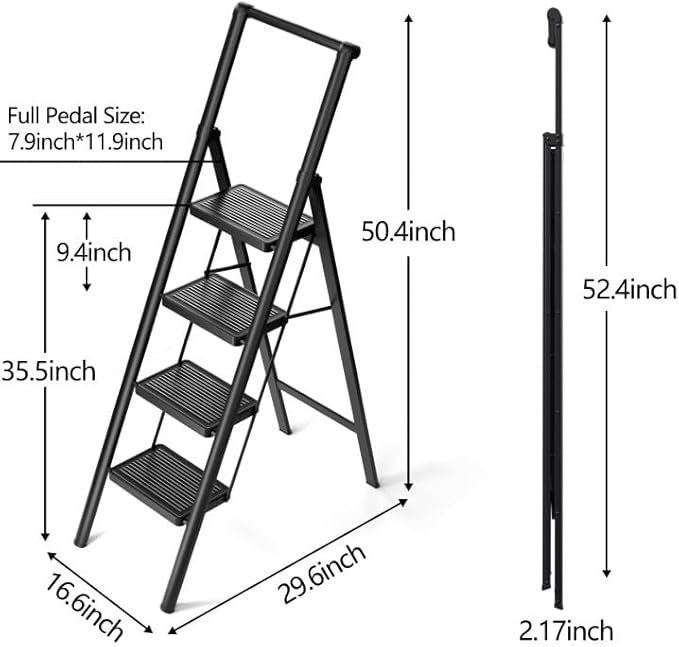 Step Ladder 4 Step Folding Stool with Anti-Slip Widened Sturdy Pedal and Handgrip, Portable and Multi-Use Iron Stepladder for Home, Kictchen, 300 lbs Capacity -Black