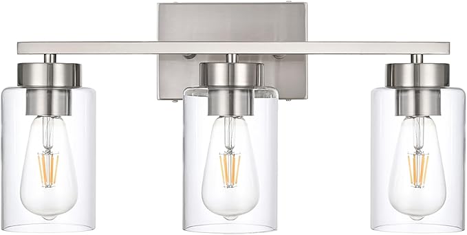 3-Light Bathroom Vanity Light, Modern Brushed Nickel Wall Lights with Clear Glass Shades, Bathroom Wall Sconce Lamp for Mirror Living Room Bedroom Hallway