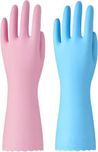 Bamllum Rubber Cleaning Gloves - 2 Pairs Latex Free Kitchen Cleaning Gloves with Cotton Liner- Household Dishwashing Gloves, Non- Slip Waterproof (Small, Blue+Pink)